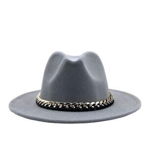 Gray Fedora Hat Stiff Brim Tall Dented Crown Chunky Chain Hat NEW
